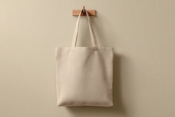 Minimalist Beige Tote Bag Hanging on a Simple Wooden Hook