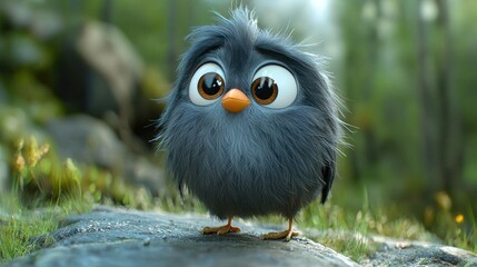 Adorable Fluffy Grey Bird in Nature: A 3D Rendered Image