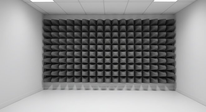 Empty room with section of grey patterned sound proof foam