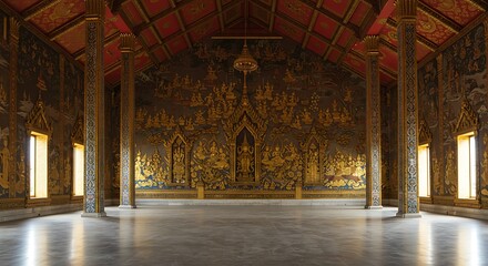 Obraz premium Empty room with Decorative golden mosaic on the wall of Thai temple 
