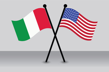 Crossed Italian and American Flags Illustrate Diplomacy. USA Combined with Italian Isolated Flag.