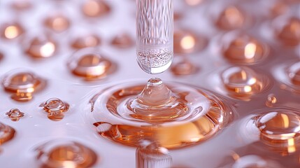 Cosmetic pipette releasing serum drops on neutral background for skincare product promotion or wellness ads