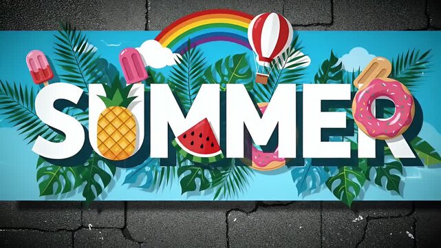 Colorful Summer Themed Illustration Featuring Fruits Typography and Tropical Leaves