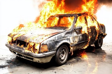 Dramatic visual of a fire consuming a car.