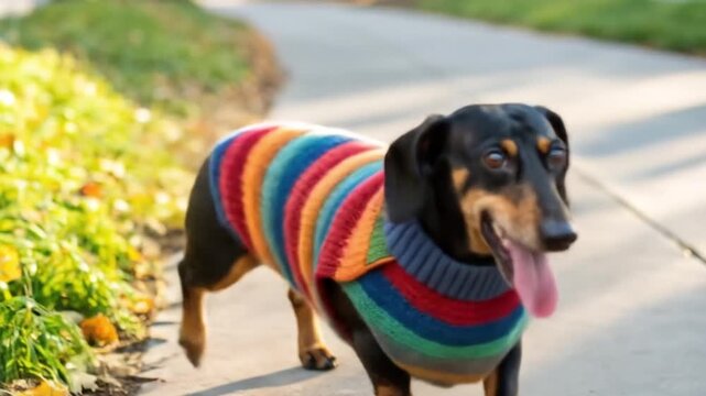 A dachshund wearing a colorful striped sweater standing on a sidewalk with its tongue hanging out wide open