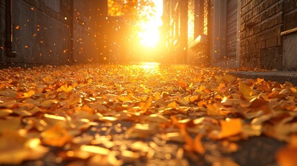 Golden Autumn Alley: Sunlit Pathway Drenched in Falling Leaves