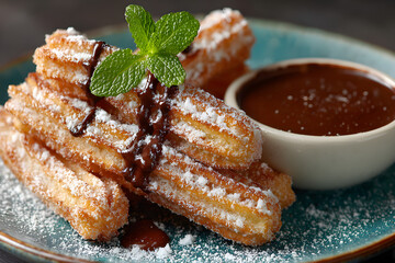 Golden churros with chocolate dipping sauce and mint garnish
