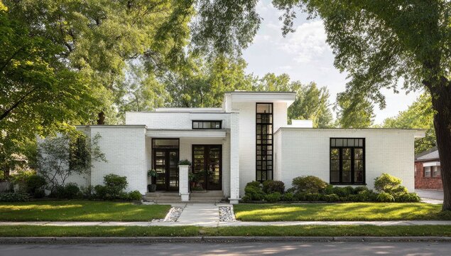 Modern, single-story white brick house with flat roof, green lawn, and surrounding greenery