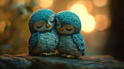 Two Adorable Owls Huddled Together in Serene Sunset Glow