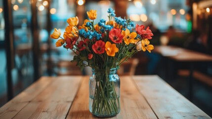 Colorful bouquet in rustic vase