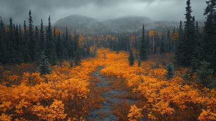 Autumnal Pathway Through a Misty Forest