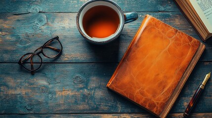 A cozy workspace with books, tea, and glasses