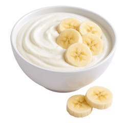 Fresh Creamy Yogurt with Sliced Banana in White Bowl, Delicious Healthy Breakfast or Snack Food Concept, Isolated on Transparent and White Background