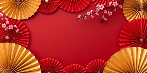 Festive red and gold paper fans adorned with delicate cherry blossoms