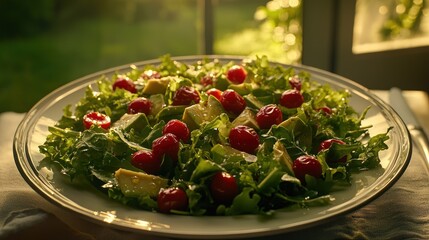 Fresh, vibrant salad with avocado, cranberries, and greens