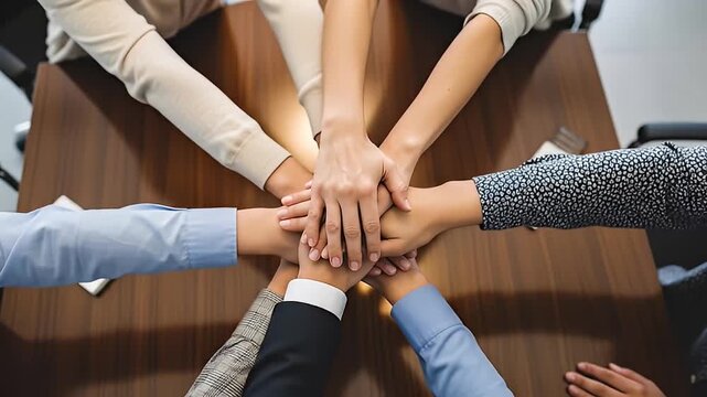 Ultra-realistic shot of business office diversity shot showing multiple hands together as symbol of unity