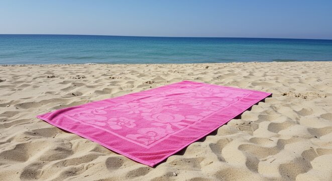 Pink Beach Towel on Sandy Shore
