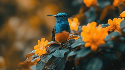 Vibrant Blue Bird Amidst Orange Blossoms