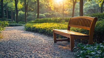 Curved wooden bench placed in serene park, inviting relaxation