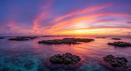 Naklejka premium Vibrant Sunset Over Ocean Rocks