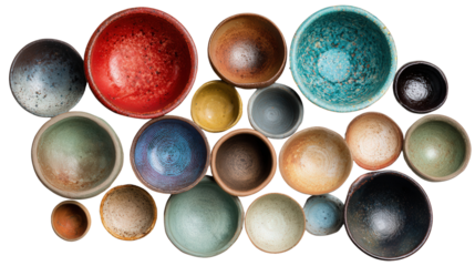 Handcrafted Pottery Bowls: A flat lay of handcrafted pottery bowls in various shapes and colors, isolated on a Transparent background, PNG file.