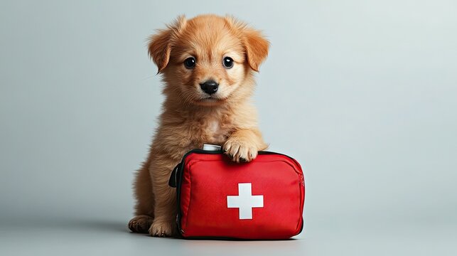 Cute Puppy Carrying First Aid Kit Representing Emergency Preparedness and Veterinary Care Concept