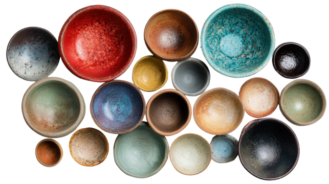 Handcrafted Pottery Bowls: A flat lay of handcrafted pottery bowls in various shapes and colors, isolated on a Transparent background, PNG file.