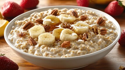 Oatmeal bowl topped with fresh fruit and nuts