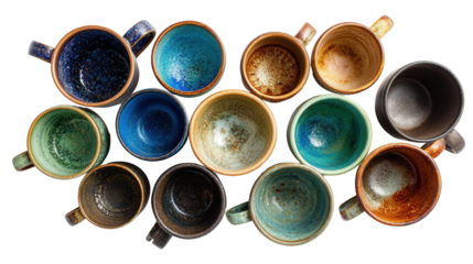 Handcrafted Pottery Mugs: A flat lay of handcrafted pottery mugs with unique glazes, isolated on a Transparent background, PNG file.