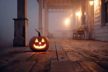 Glowing Jacko'Lantern on Foggy Porch at Night Halloween Decoration, Spooky Atmosphere