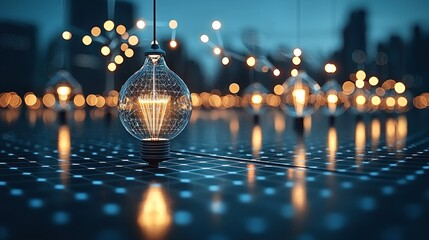 Illuminating Ideas: Network of Glowing Lightbulbs in Cityscape