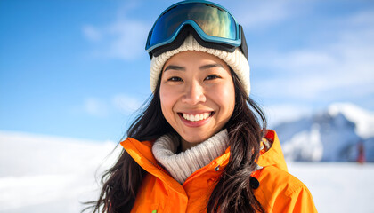 Happy woman skiing snowy mountains.