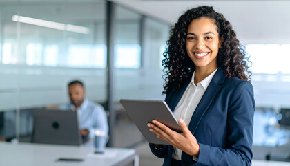 Smiling businesswoman tablet office. (1)
