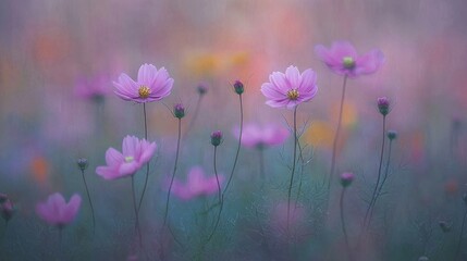 Delicate cosmos flowers in a dreamy field