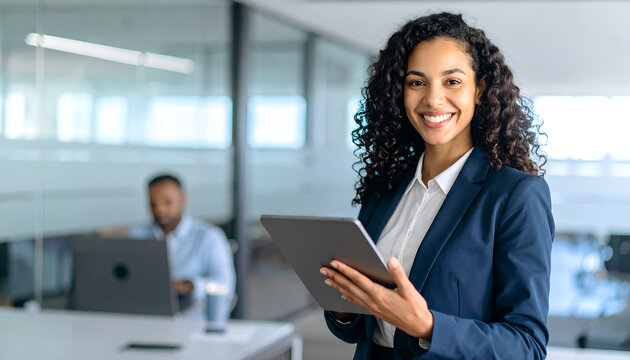 Smiling businesswoman tablet office. (1)