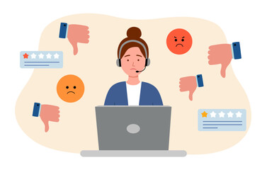 Call center operator with negative feedback, dislike or bad customer review rating, handle complaint or angry opinion. Businesswoman response to negative feedback.