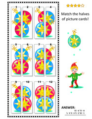 Match the halves puzzle. Coincide pictures to make cards with beautiful ornaments. Winter, Christmas, New Year game, activity. Answer included. 
