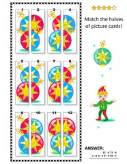 Match the halves puzzle. Coincide pictures to make cards with beautiful ornaments. Winter, Christmas, New Year game, activity. Answer included. 
