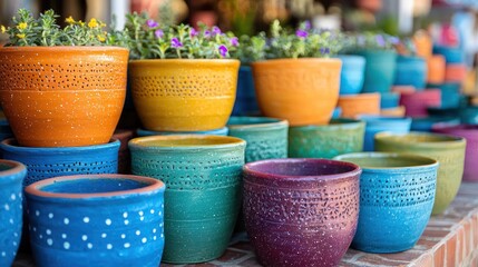 Colorful ceramic planters in various shades