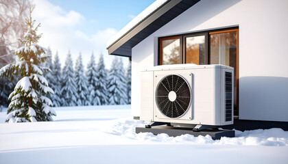 Heat pump with snowy house, and winter.