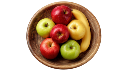 Handcrafted Wooden Bowl with Fruit: A flat lay of a handcrafted wooden bowl filled with fresh fruit like apples and bananas, isolated on a Transparent background, PNG file.