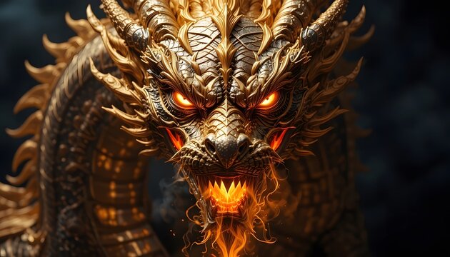 Ancient golden metal dragon head on black background