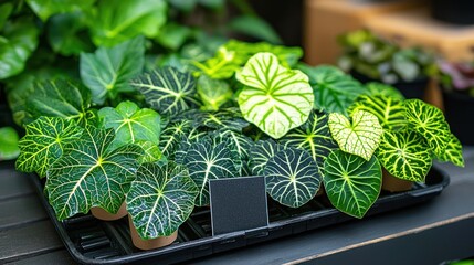 Variety of vibrant, healthy houseplants in small pots, showcasing intricate leaf patterns