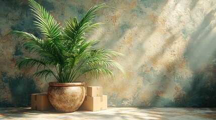 Serene Indoor Oasis: Palm Plant and Cardboard Boxes Against a Rustic Wall