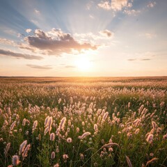 Obraz premium Sunset over a Serene Field of Grass