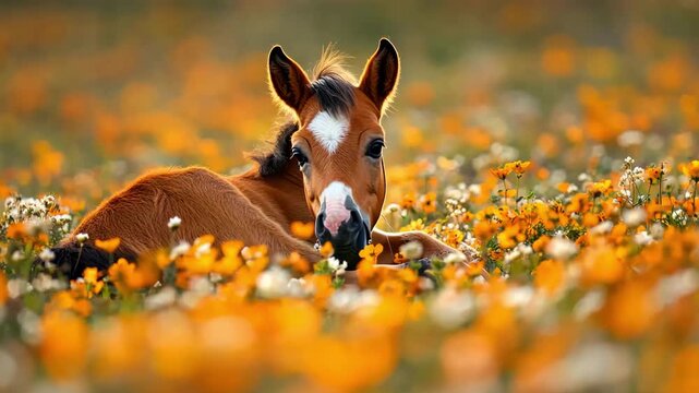 Adorable brown foal lying down in field of orange wildflowers, close-up, spring.