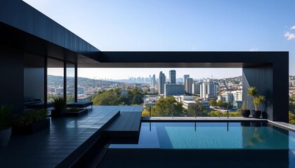 Fototapeta premium Sleek black modern house with expansive terrace overlooking cityscape, night, concrete