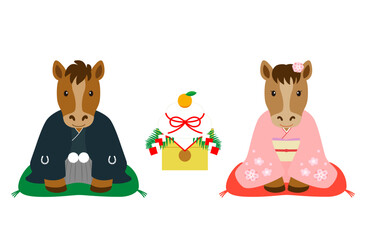 鏡餅の前で新年のご挨拶をする着物を着たオスとメスの馬_1