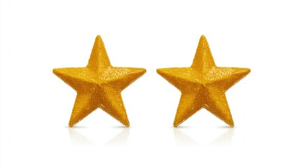 Two golden glitter star ornaments isolated on white.