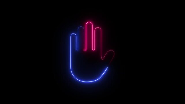 Neon Stop hand icon motion graphics. Animated Danger warning with hand prohibited icon. glowing Hand Up Volunteer.